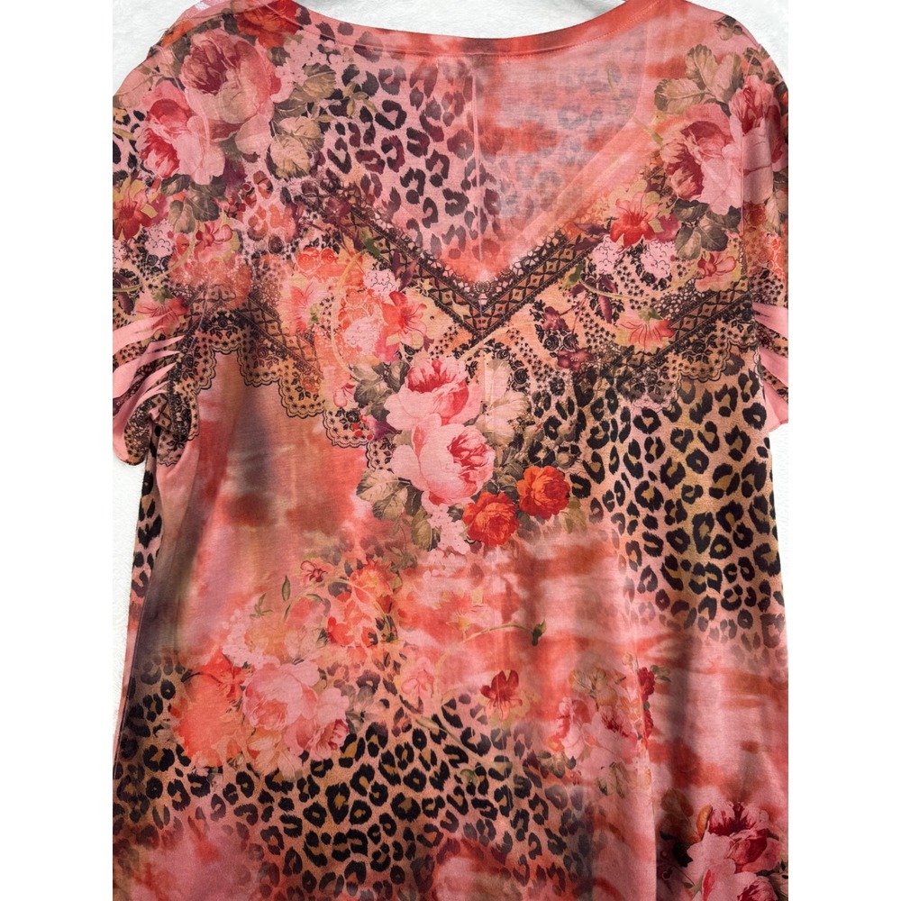 Floral Leopard Mixed Media V-Neck Top Terracotta Coral Short Sleeve Tee - Picture 7 of 7